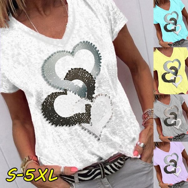 Ladies Summer Fashion Heart Print Solid Color Cotton T-shirts Women's Casual Short Sleeve Shirts Printed V-neck Blouses Loose Tops - Shop Trendy Women's Clothing | LoverChic