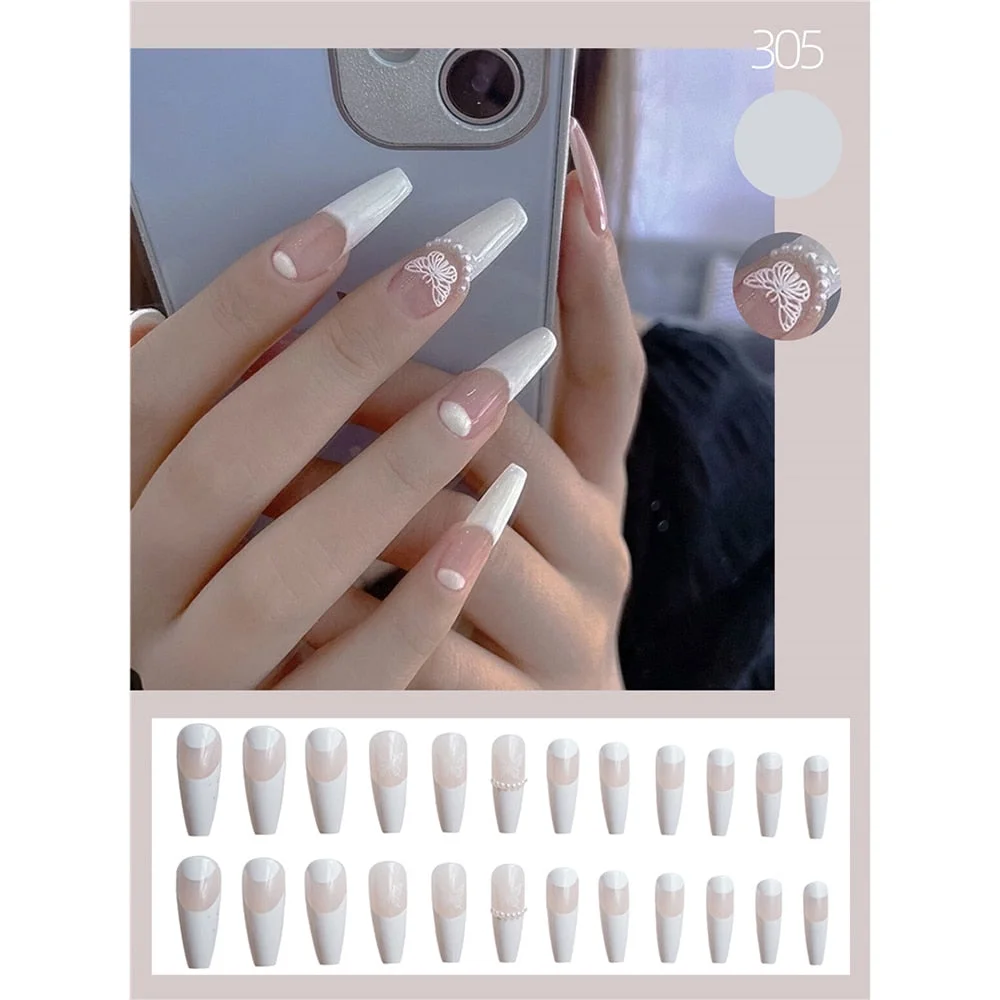 24pcs Fake nails long Frosted V-shaped French wearable false nails Detachable Full Cover with designs Coffin Ballerina Nail-Nail Inspo
