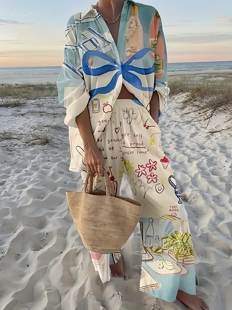 Fashionable European And American Beach Beauties Elegant Light Colored Bow Comfortable Beach Vacation 3d Printed Long Sleeved Shirt Long Pants Set Women's Clothing