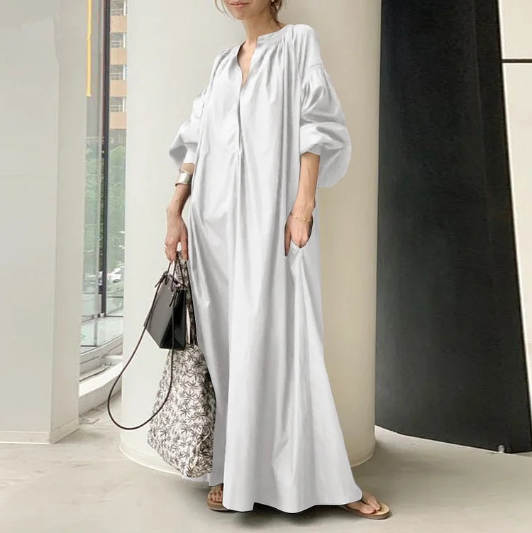 Cotton Linen Stand Collar Long Loose Fashion Casual Lantern Sleeves Swing Dress socialshop