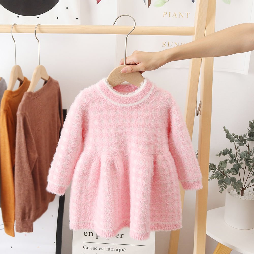 Girls Winter Imitation Mink Fleece Sweater Princess Dress Baby Knit Sweater Baby Winter Foreign Style Hedging Dress