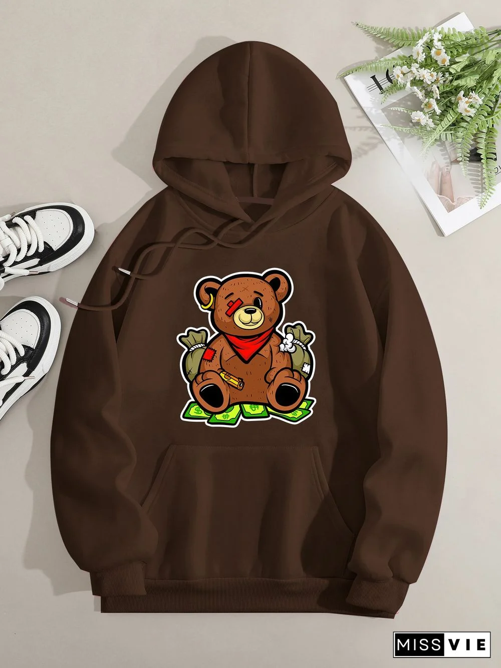 Printed on front Kangaroo Pocket Hoodie Long Sleeve for Women Pattern One-eyed bear and US dollar