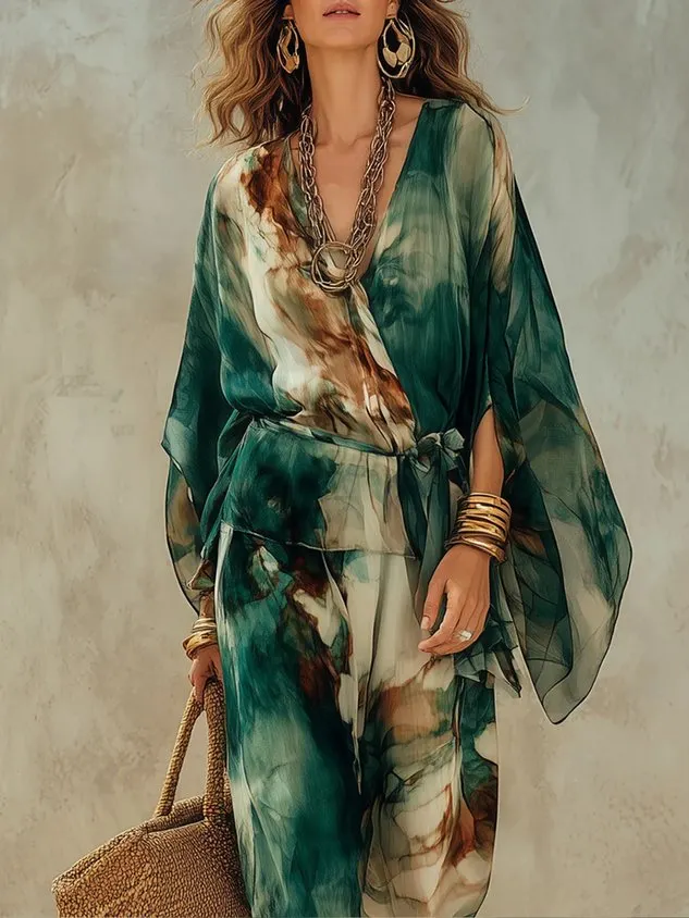 Vacation Random Print Printing V Neck Blouse With Belt mysite idetrend