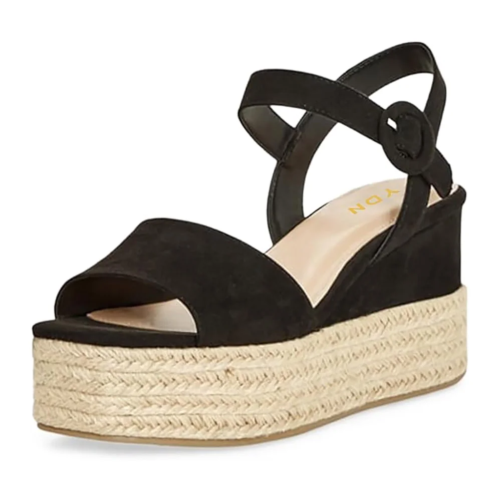 Black Open Toe Ankle Strap Wedge Heel Platform Espadrille Sandals
