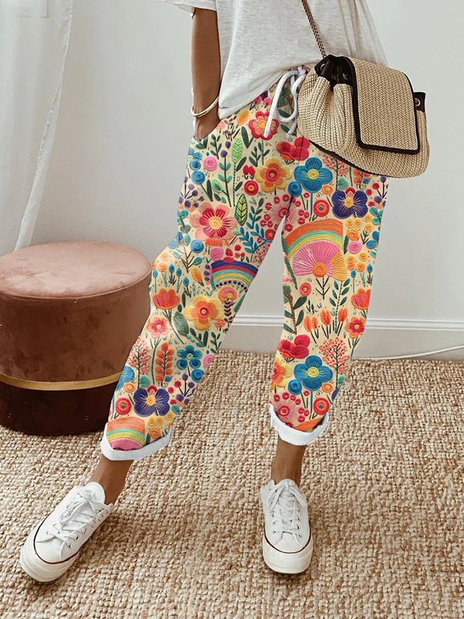 Women's Casual Rainbow Floral Print Pants