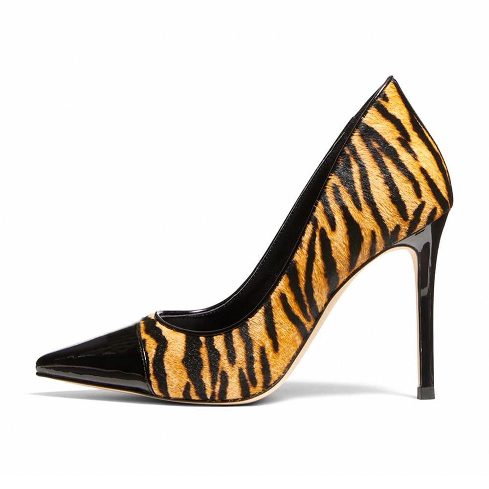Tiger Texture Suede Leather Pumps Black Pointed Toe Stiletto Heels Nicepairs