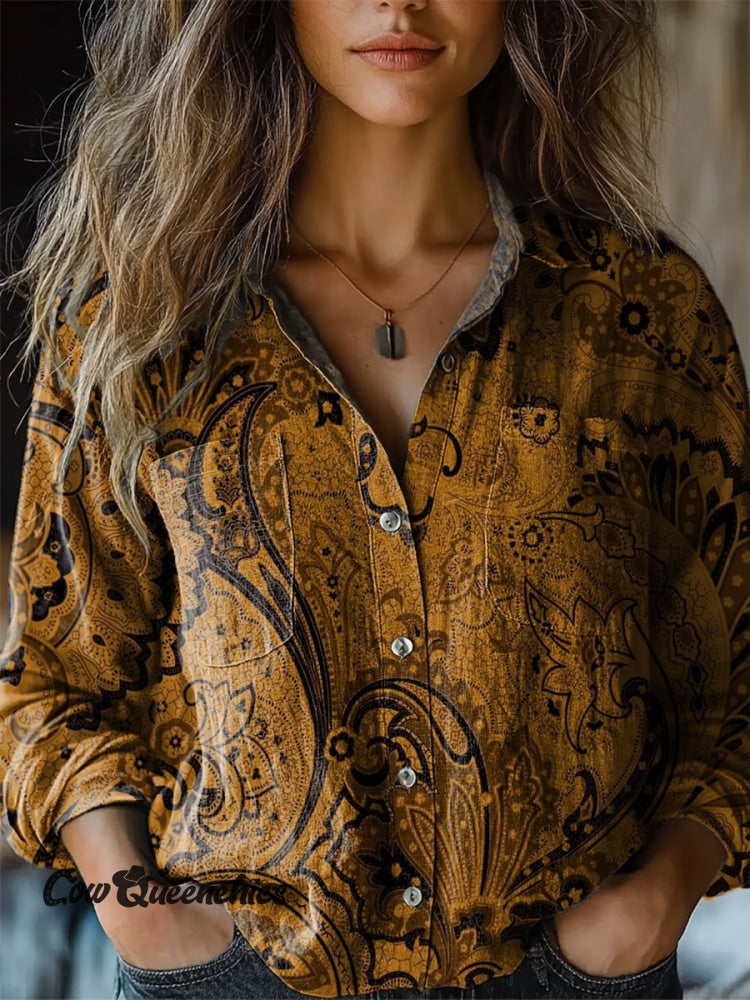 Women’s Retro Ethnic Pattern Print Casual Long Sleeve Comfortable Cotton Shirt Multicolor / S