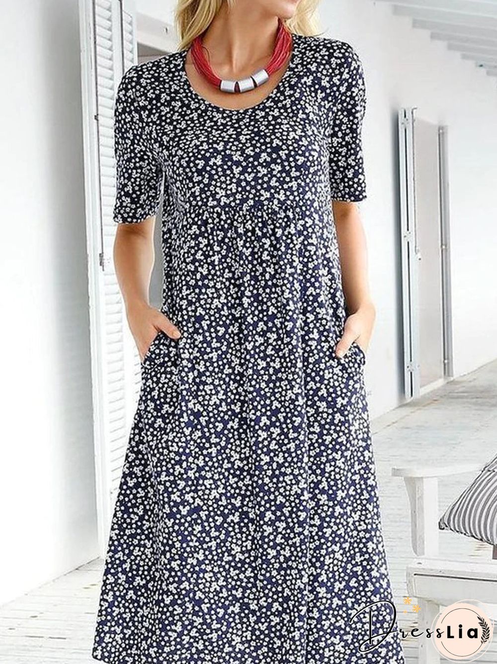 Casual Floral Print Short Sleeves Pockets Midi Dress
