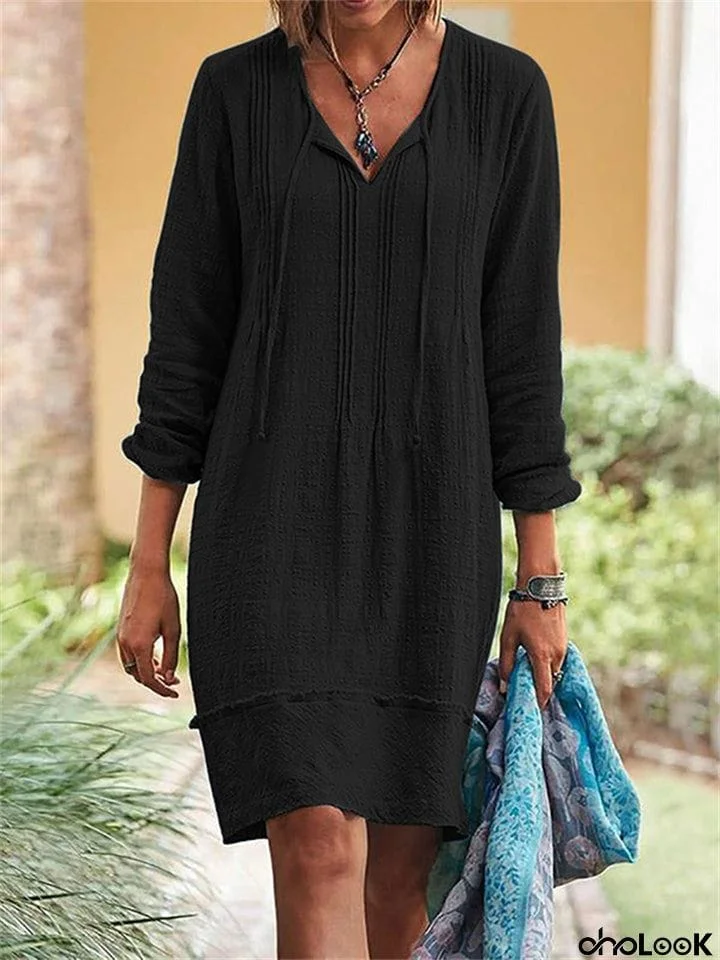 Spring Plain V Neck Lace Up Long Sleeve Female Knee Length Dress