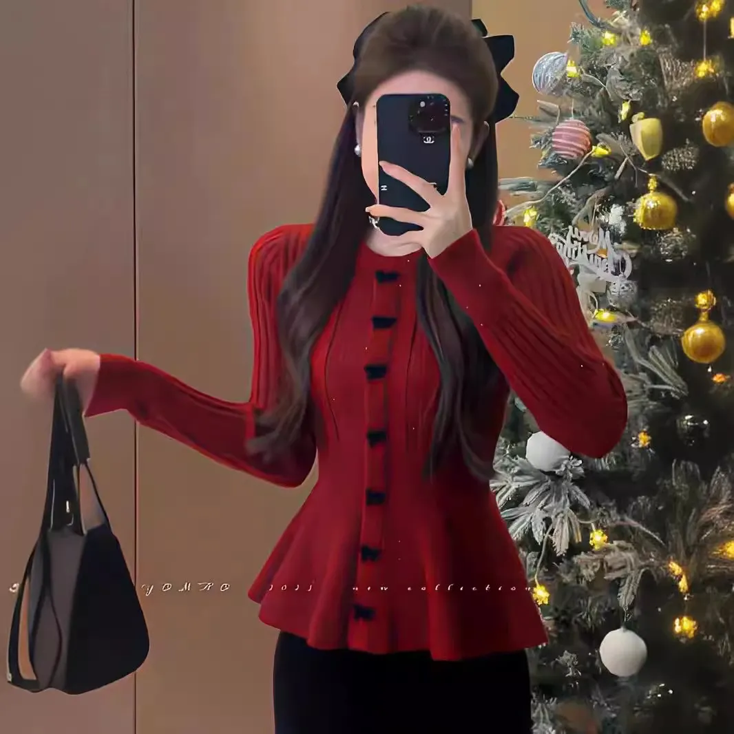 Churchf Churchf Spring And Autumn New Bow Three-Dimensional Decoration Red Knitting Cardigan Design Sense Sweet Season Sweater Female