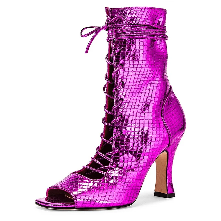 Purple Python Lace Up Boots Peep Toe Spool Heel Ankle Boots |FSJ Shoes
