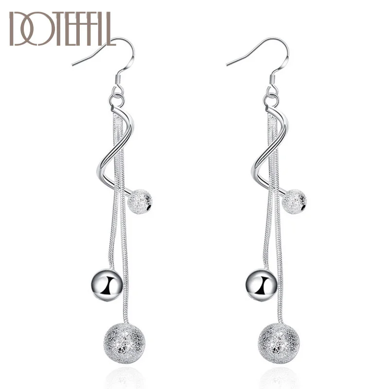 DOTEFFIL 925 Sterling Silver Frosted Beads Three-Line Drop Earrings Charm Women Jewelry