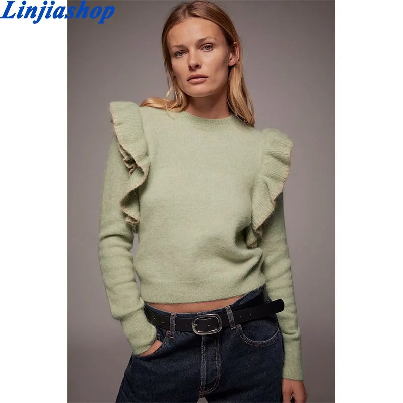 New Women Sweet Cascading Ruffle Solid Knitting Sweater Female O Neck Long Sleeve Casual Chic Pullovers Pleated Tops