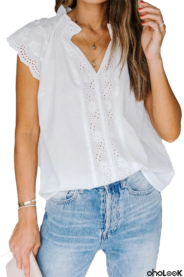 Embroidered Eyelet Cap Sleeves Top