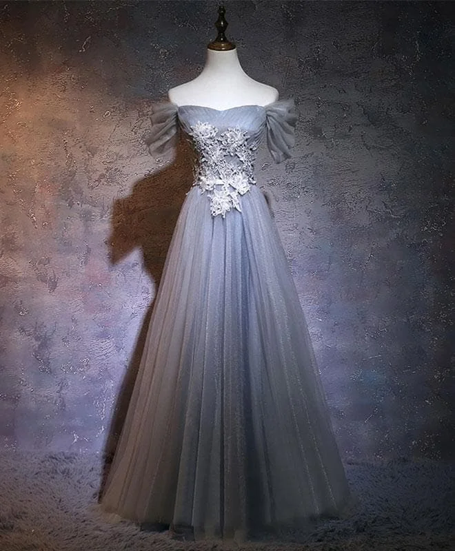 Gray A-Line Tulle Lace Applique Long Prom Dress, Gray Bridesmaid Dress