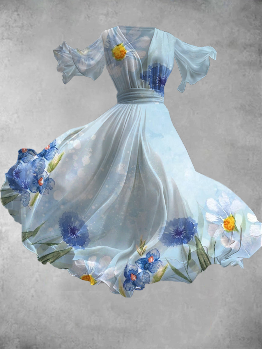 Floral Art Print V-Neck Vintage Elegant Chic Short Sleeve Flowy Midi Dress
