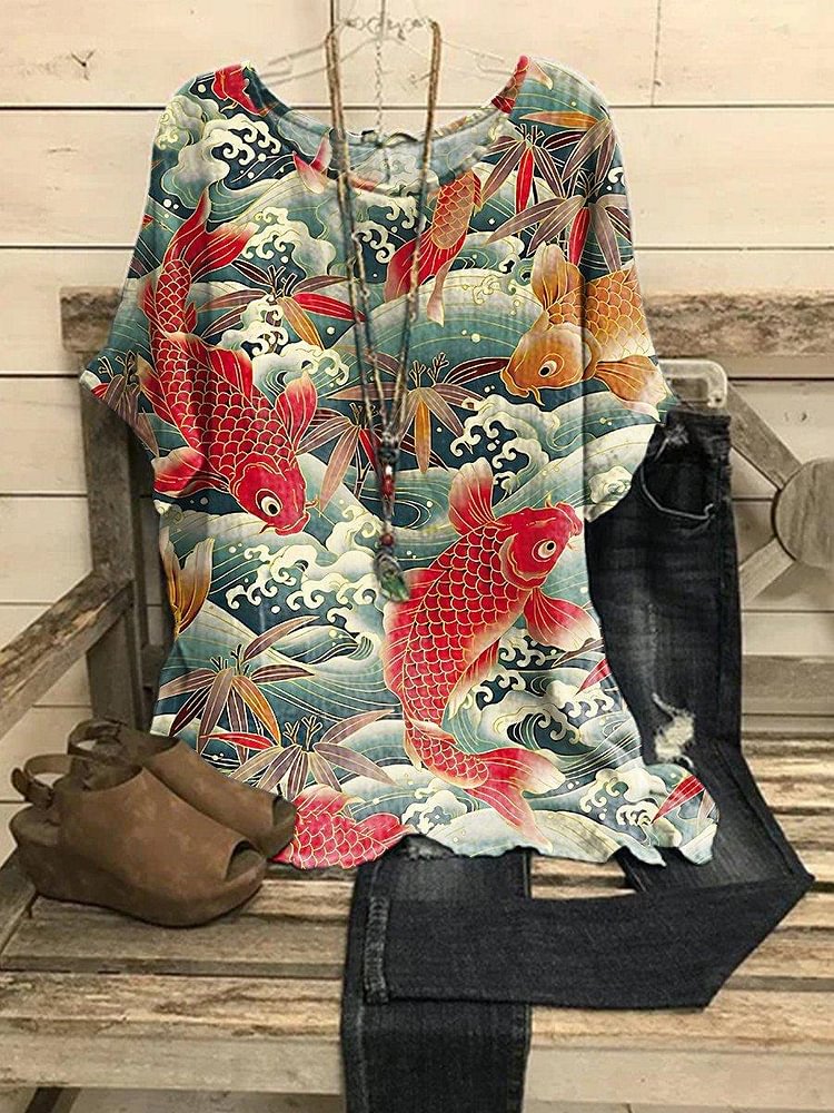 Women's Crew Neck Vintage Carp Print Casual Top