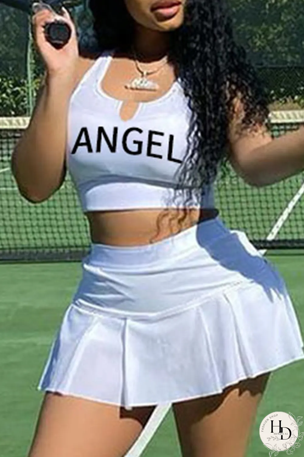 White Sexy Print Letter U Neck Sleeveless Two Pieces