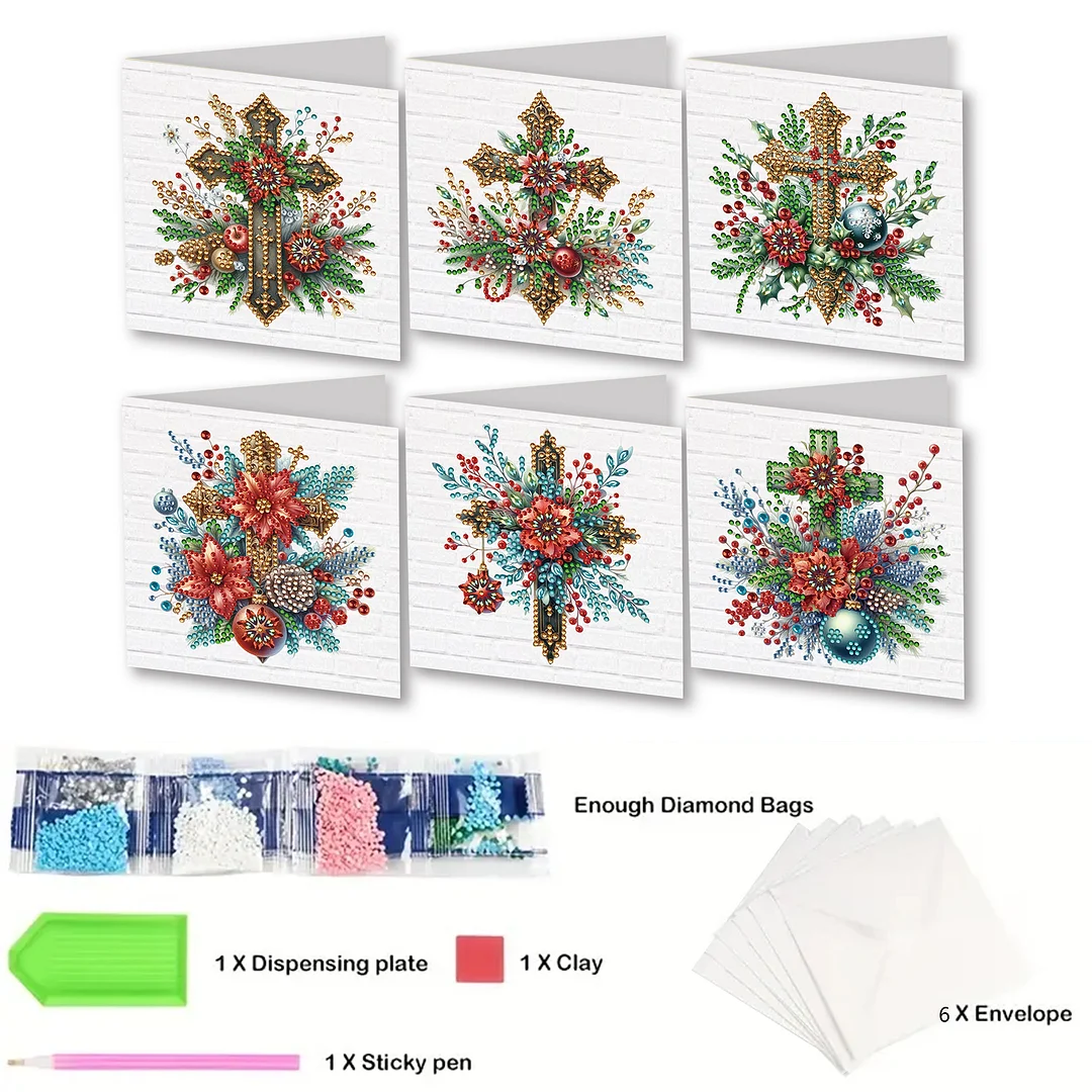 6Pcs Christmas Cross DIY Diamond Painting Card for Friends Family Gift