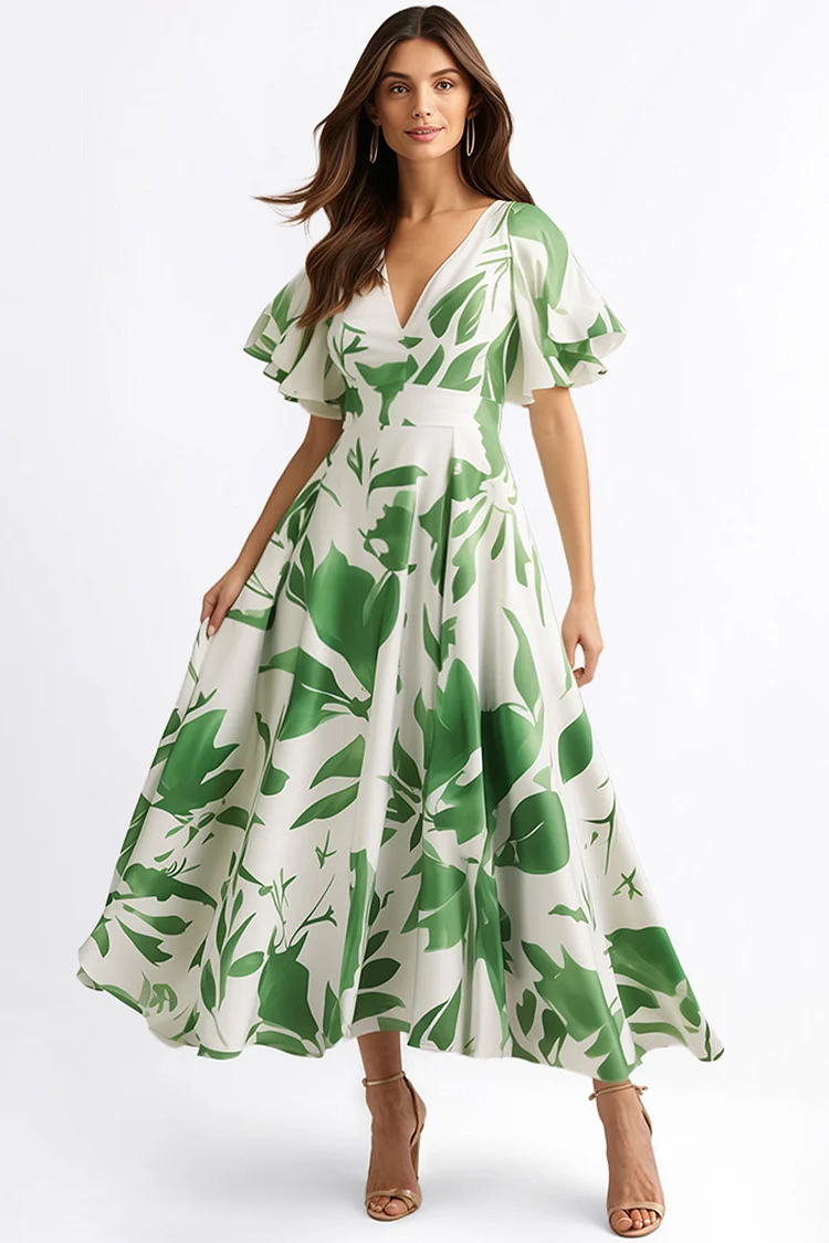 Zaruci Everyday Green Chiffon Plant Print Flutter Sleeve V Neck Midi Dress [Pre-Order]