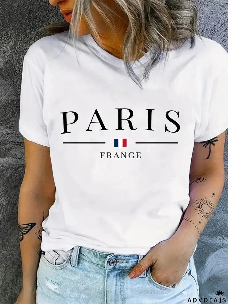 Plus Size PARIS Print Summer & Spring Casual Sleeve Crew Neck Women's Clothing T-shirt