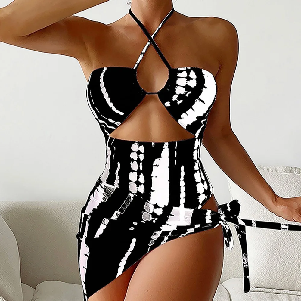 Churchf 2025 New Digital Print Lady Sexy Conjoined Neck Triangle Mesh Three-Piece Set Hollow Swimsuit