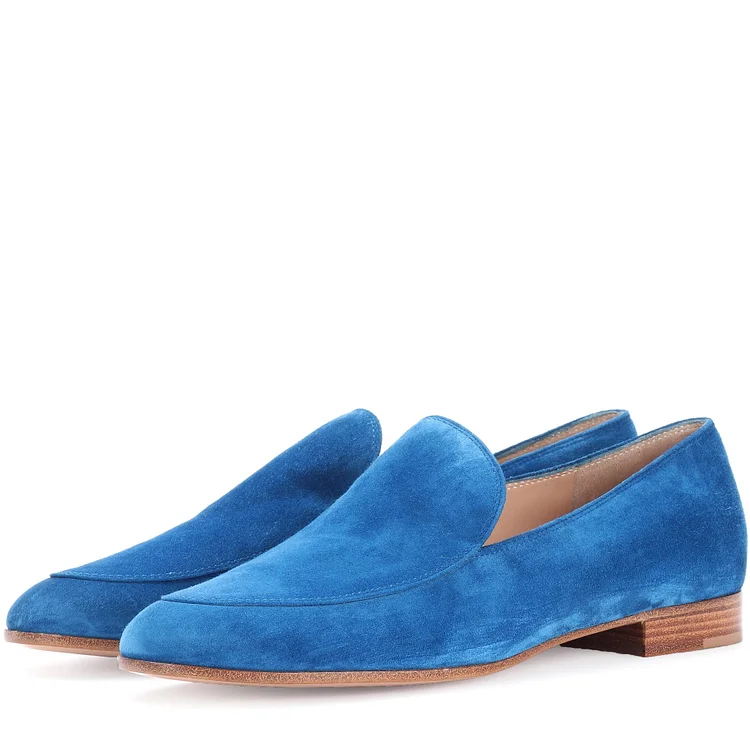 Royal Blue Round Toe Vegan Suede Loafers for Women Comfortable Flats |FSJ Shoes