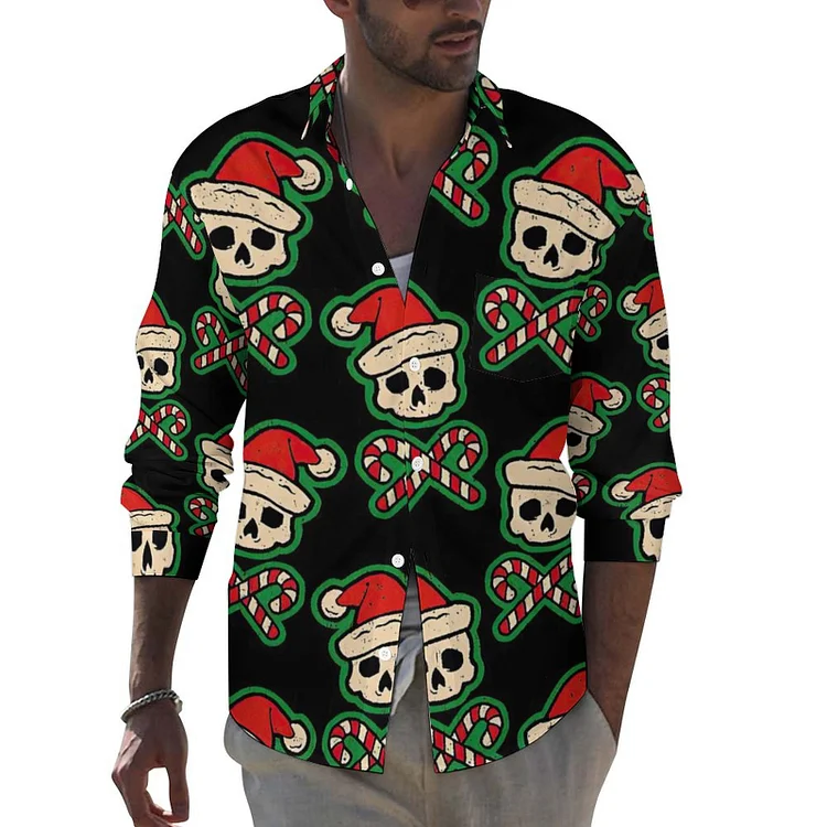 Lapel Pocket Long Sleeve Shirt Chrinstmas Skulls