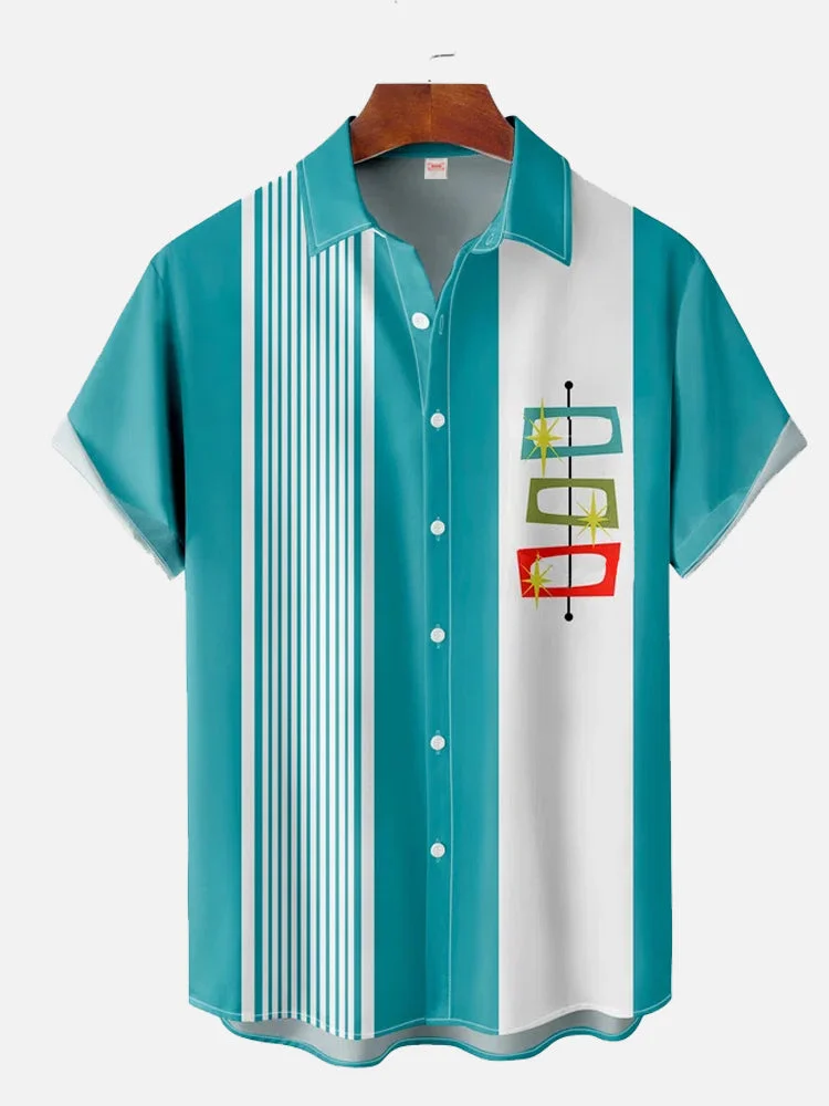 Retro Cyan Contrast Color Stripes & Abstract Geometric Patterns Printing Short Sleeve Shirt