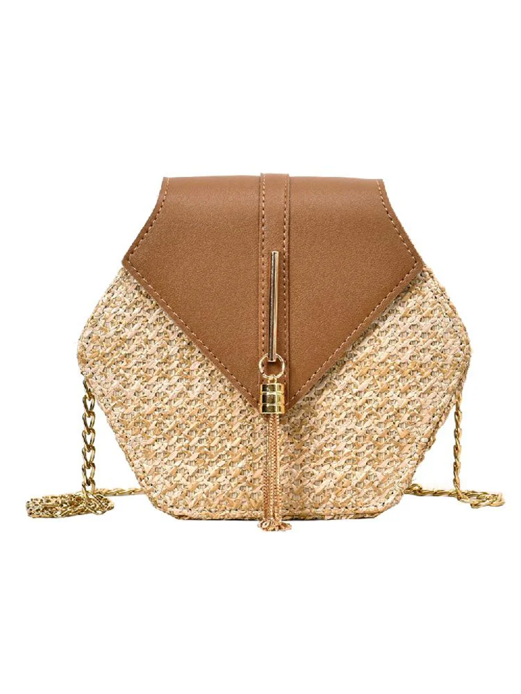 Hex-shape Straw+PU Shoulder Handbags Beach Women Top-handle Bags (Brown)