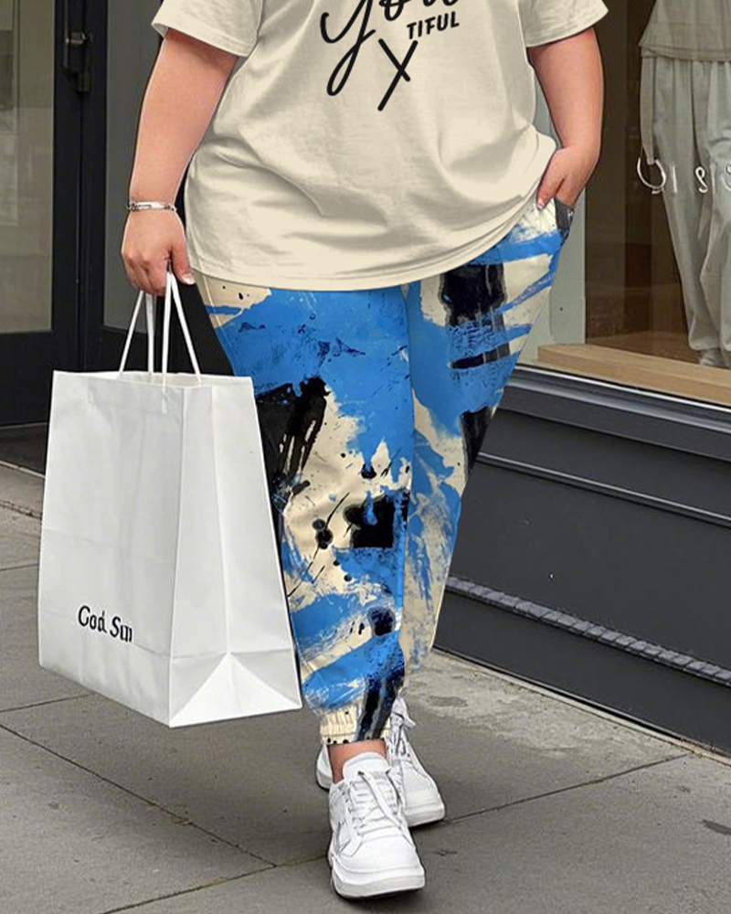 Women's Plus Size Be You Tiful Print T-Shirt and Graffiti Trousers Suit