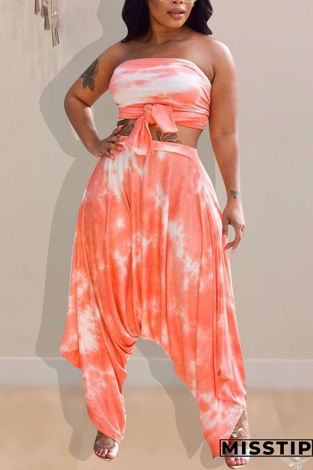 Orange Sexy Fashion crop top Slim fit Two Piece Suits asymmetrical Tie Dye Regular Sleeveless Tw