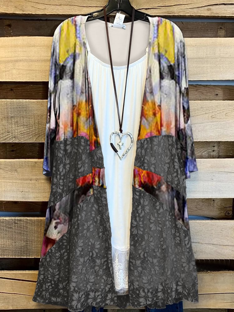 Plus Size Casual Printed Kimono Jacket P179145650