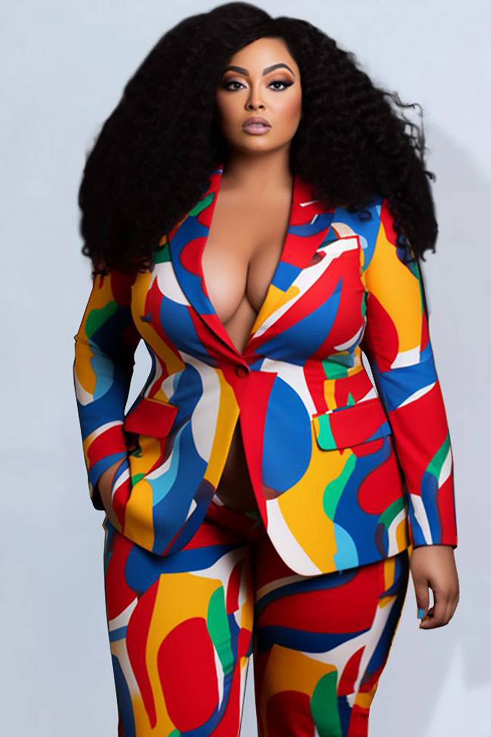 Design Plus Size Semi Formal Elegant Multicolor Geometric Turndown Collar Long Sleeve Pocket Two Piece Suit Pant Sets [Pre-Order]