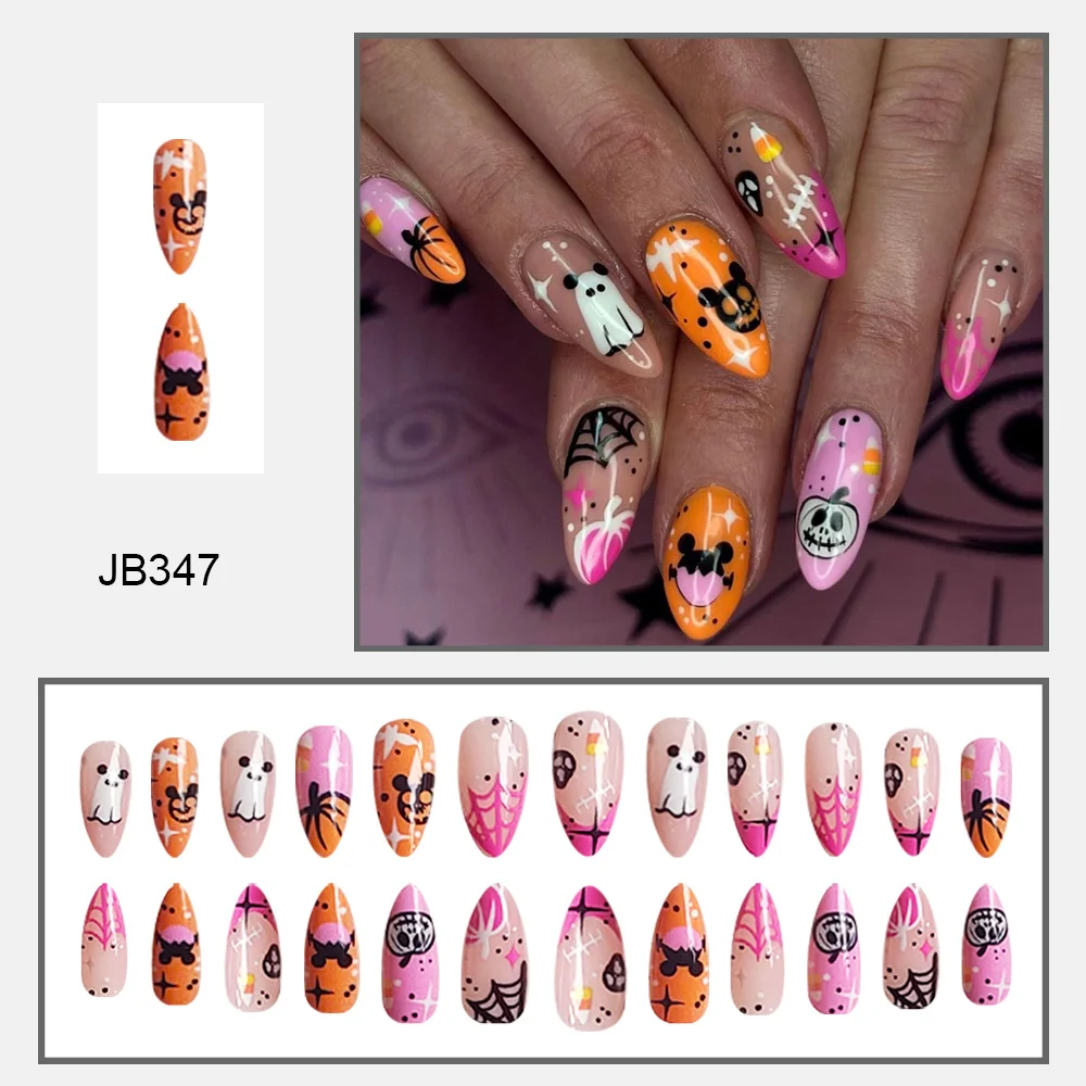 Churchf Churchf Almond Nail Colorful Skull Pumpkin Ghost Halloween Element Fake Nails Finished Wear Armour Festival Beauty