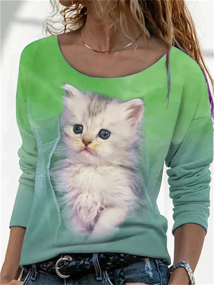 White Cat Print Pattern Round Neck Long Sleeve T-shirt Tops Green Gray Red Blue Pink