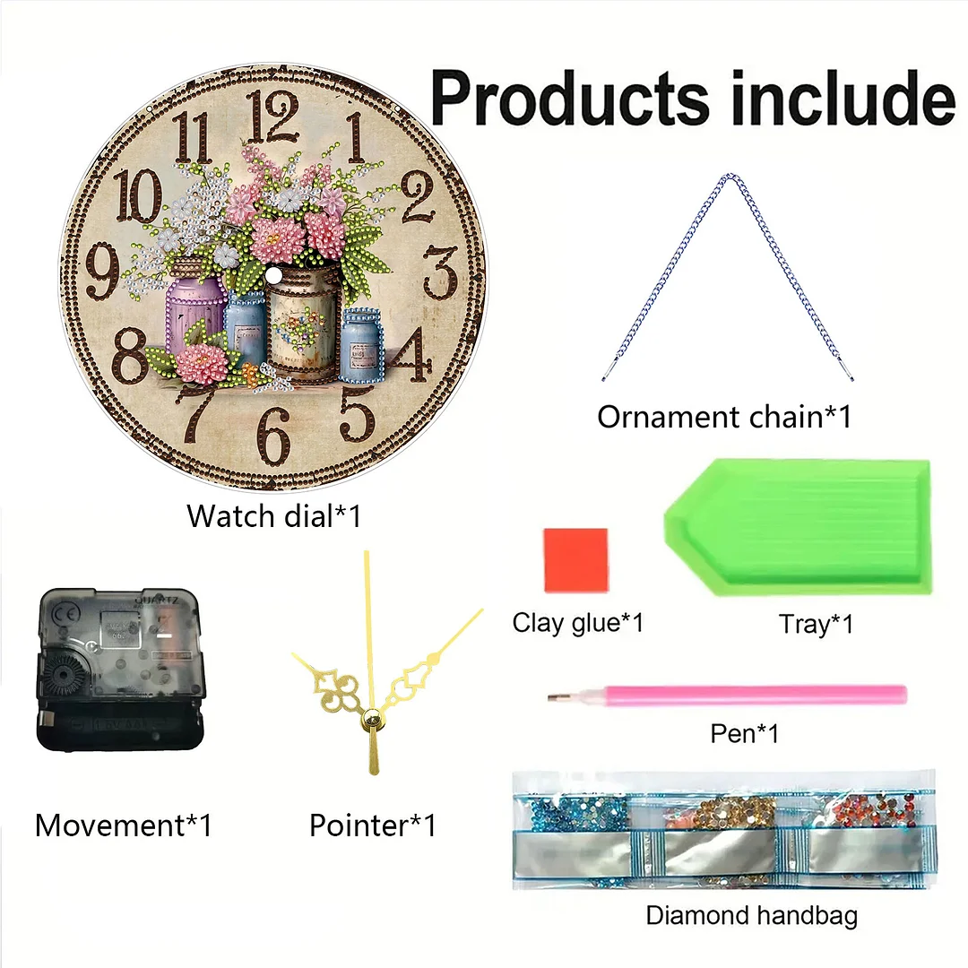 2D DIY Acrylic Vintage Vase Diamond Art Painting Clock Pendant w/ Clock Function