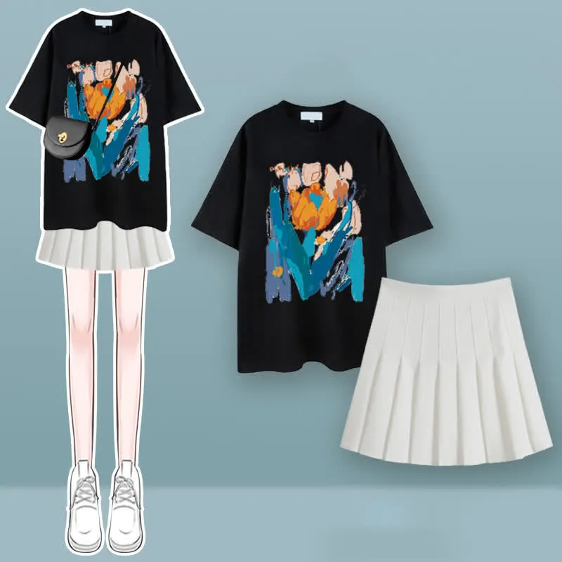 Tulip Cherry Blossom Print T-Shirt Pleated Skirt Two Pieces Set