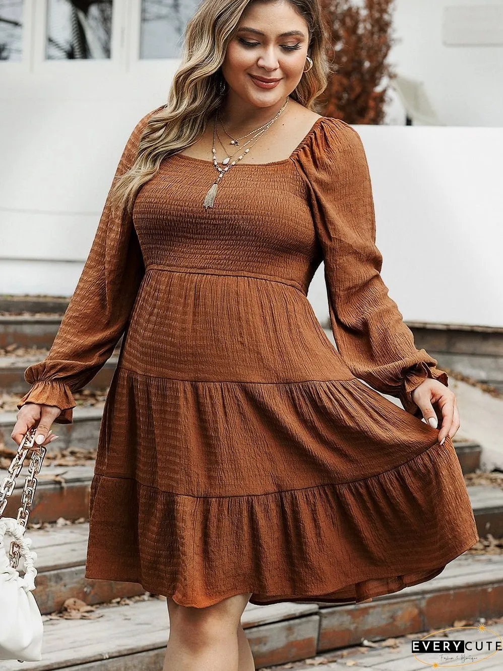 Chestnut Smocked Ruffle Sleeve Plus Size Tiered Mini Dress