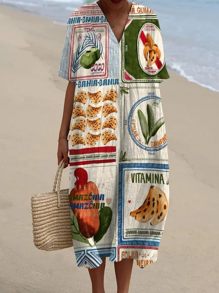 Women's Vintage Tropical Fruit Art Print Flowy Dress