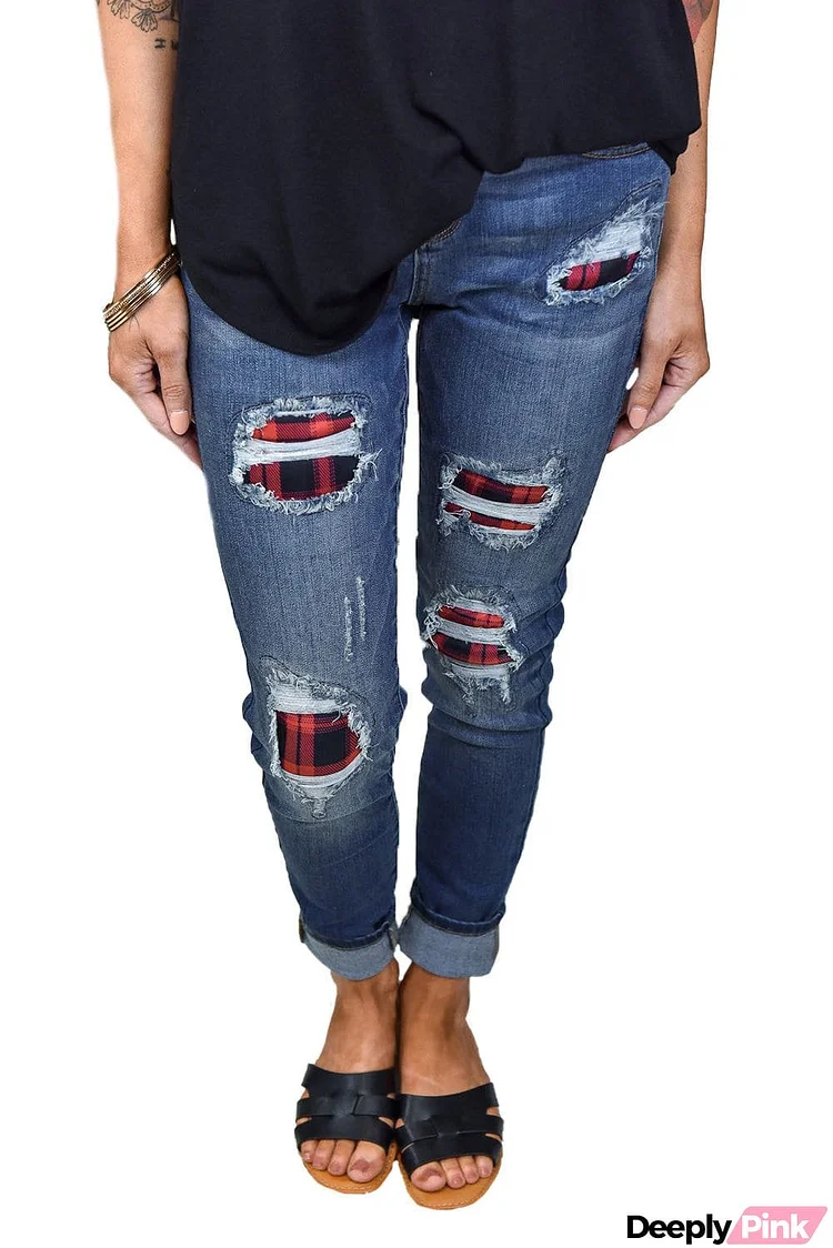 Patch Destroyed Skinny Blue Jeans