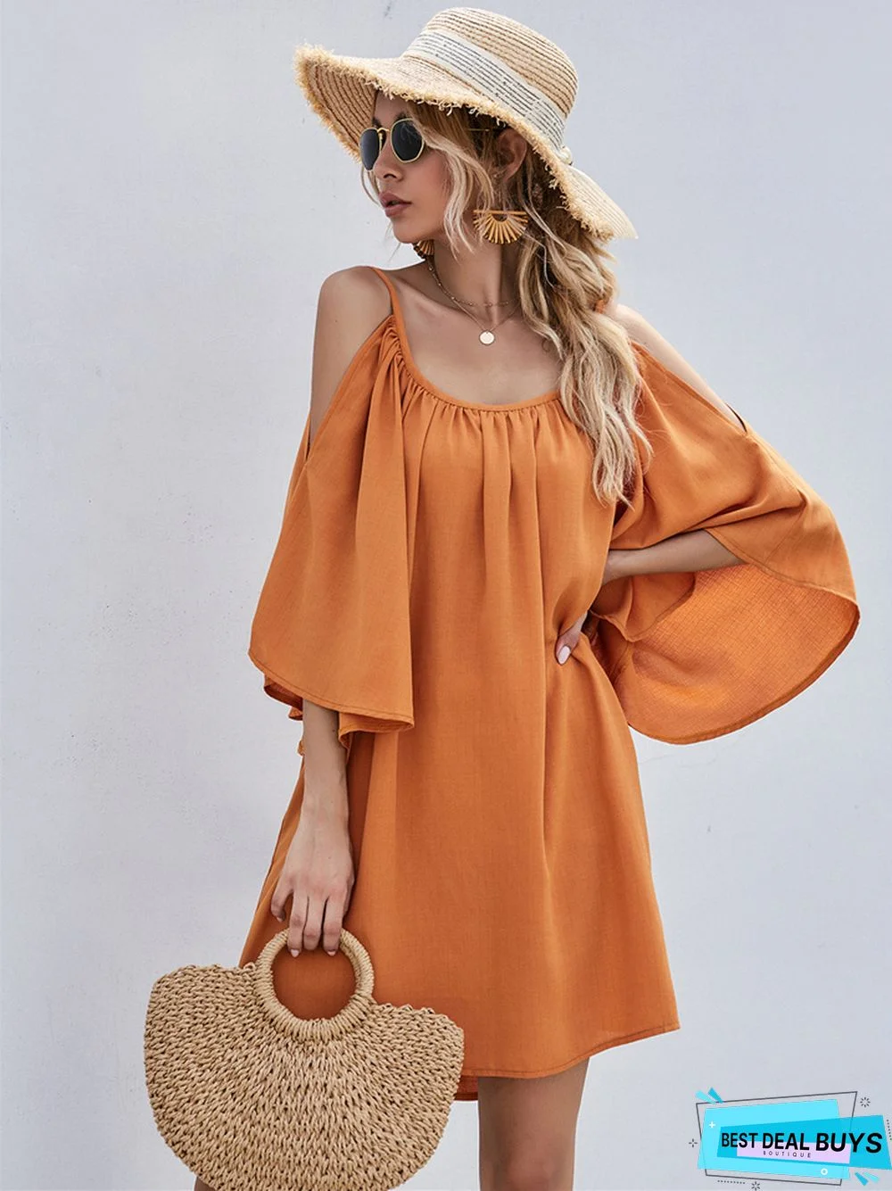 European and American Women's Casual Sexy Dress with Flared Sleeves and Shoulder Leakage