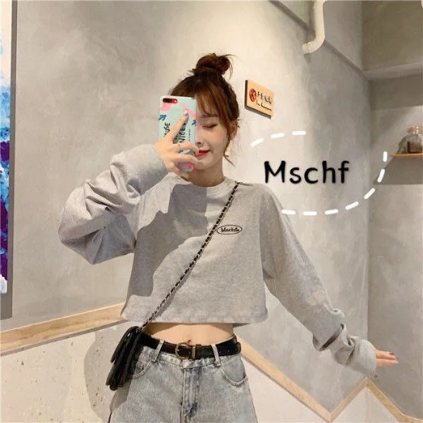 Long Sleeve T-shirts Women Spring Short-tops O-neck Printed Crop Korean Style Teens Casual Street Wear Ins Harajuku Thin Summer