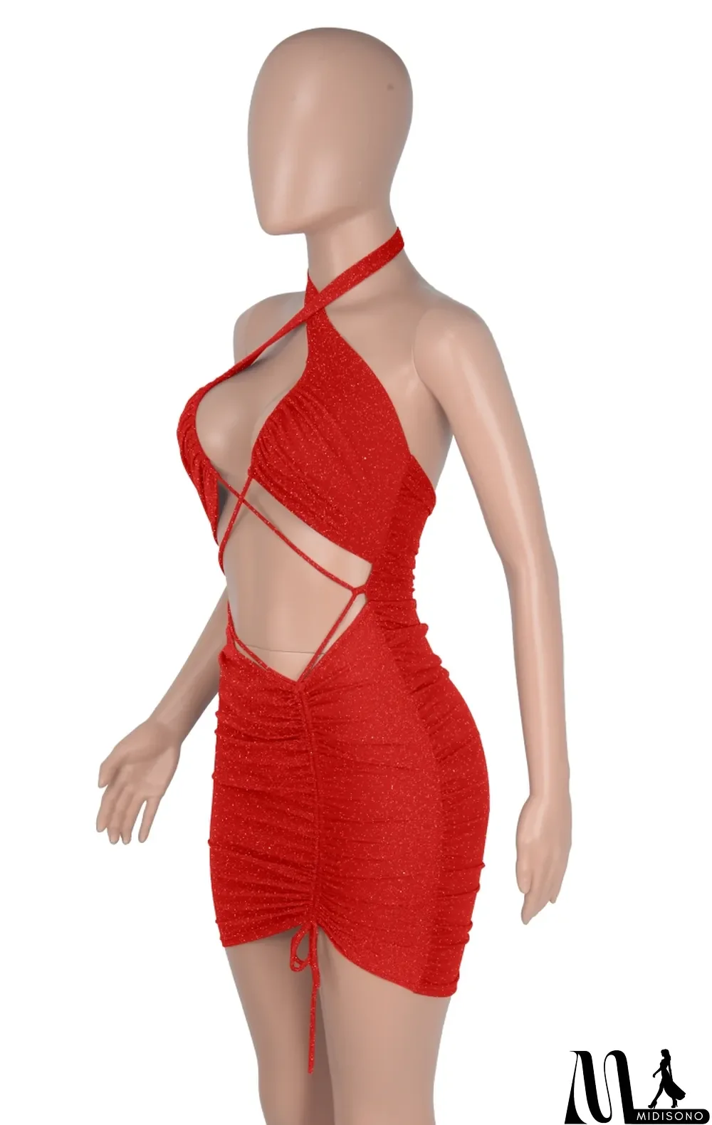 MidiSono - Women Summer Red Sexy Halter Sleeveless Solid Pleated Mini Club Dress