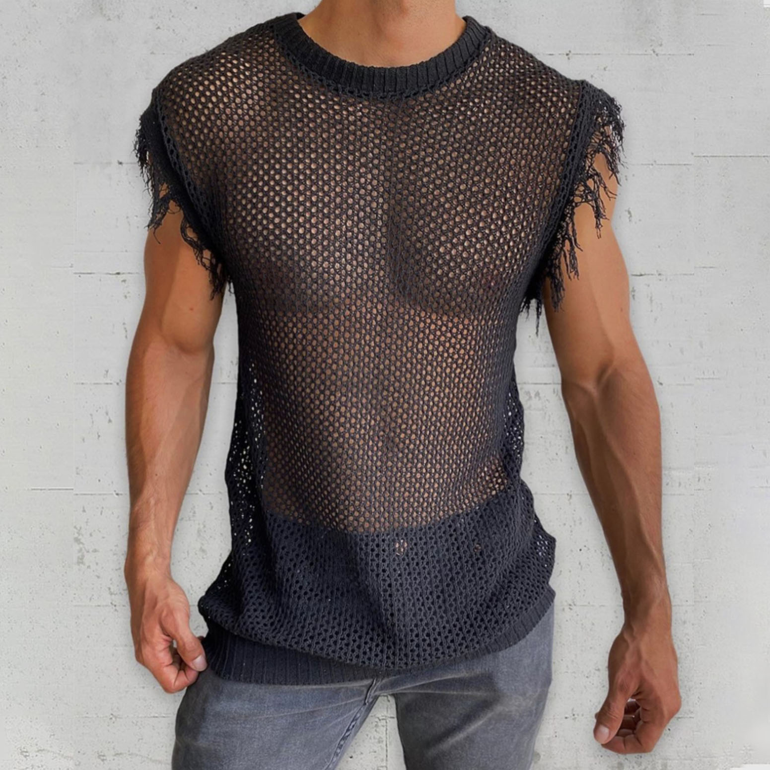 Men's Mesh Knit Fringed Sleeveless Tank Top Lixishop 