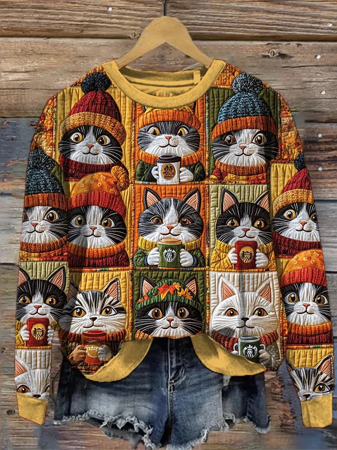 Women's Cat Drinks Coffee Winter Art Print Casual Sweatshirt