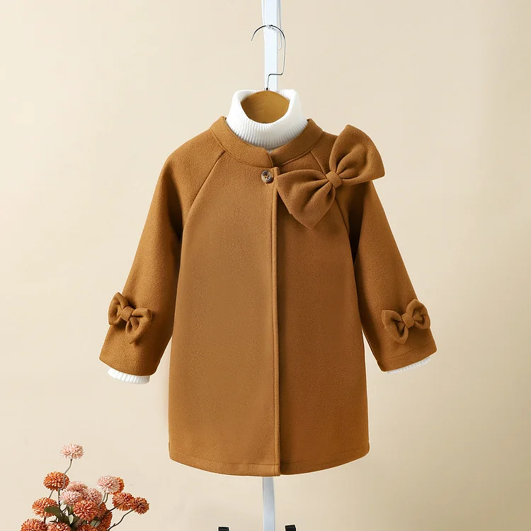 Toddler Girl Stand Collar Bow Brown Coat