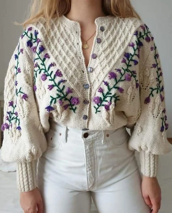 Vintage 80s embroidered 3d flowery folk sweater cardigan