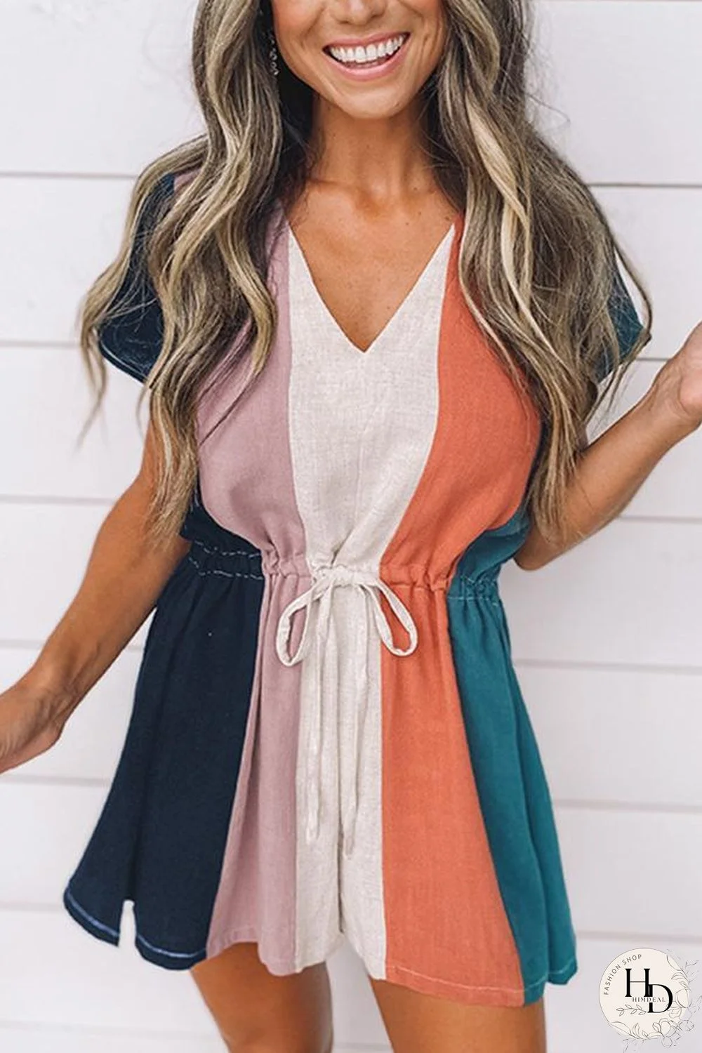 Linen Color Block Casual Romper