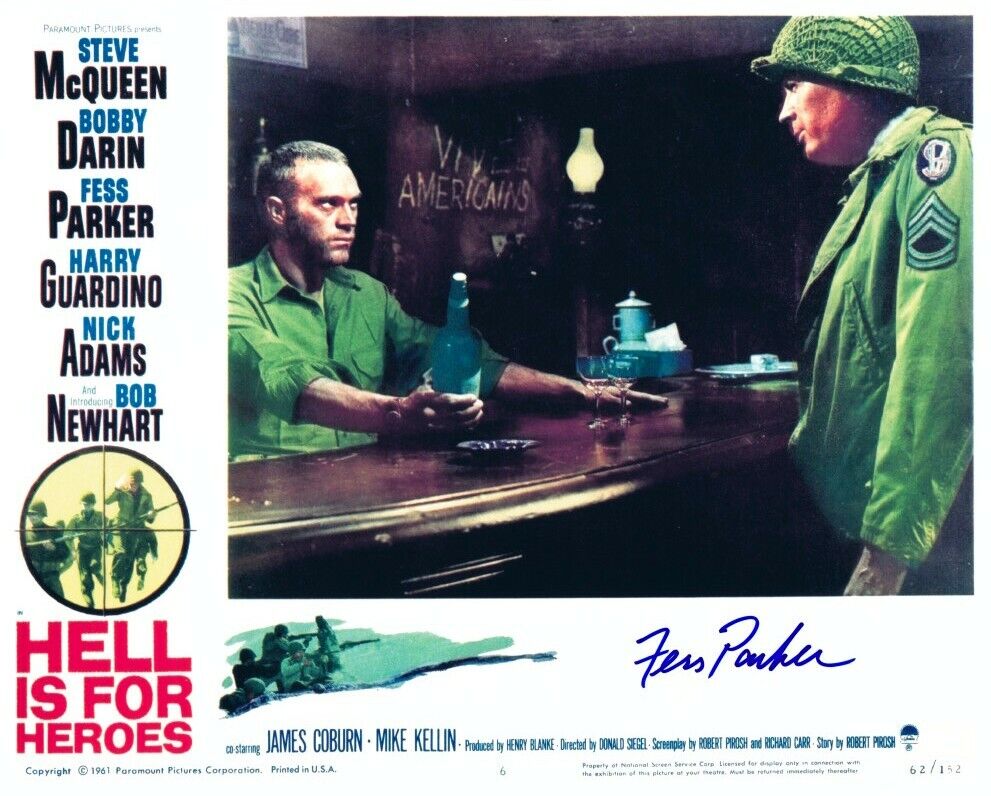 FESS PARKER signed HELL IS FOR HEROES 8x10 w/ coa STEVE McQUEEN WWII FILM SCENE